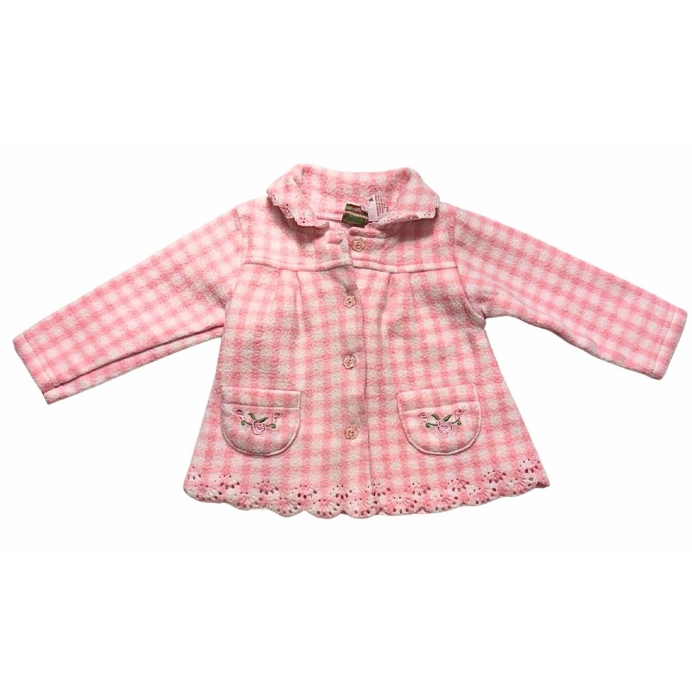 Vintage Little Lindsey Pink Gingham Fleece Jacket 0-6M Embroidered Floral